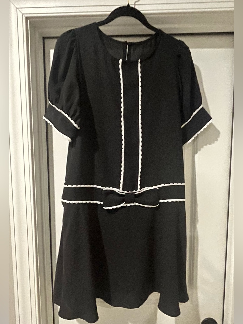 Black Short Sleeve A-Line Dress with White Trim and Bow